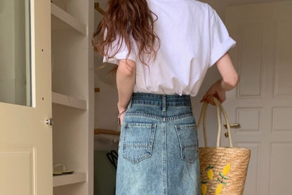 Washed Slit High-Rise Denim Midi A-Line Skirt