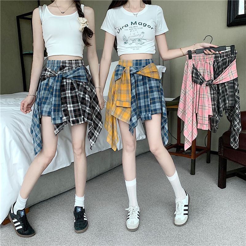 Asymmetrical Plaid Tie-Front Paneled A-Line Mini Skirt