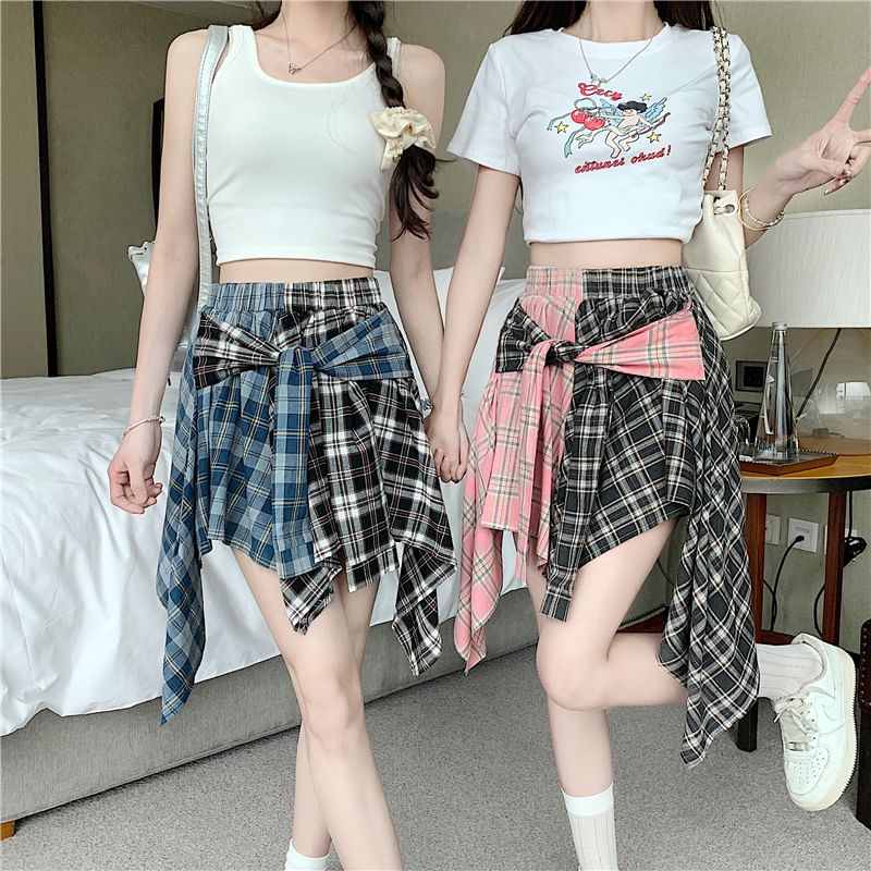 Asymmetrical Plaid Tie-Front Paneled A-Line Mini Skirt
