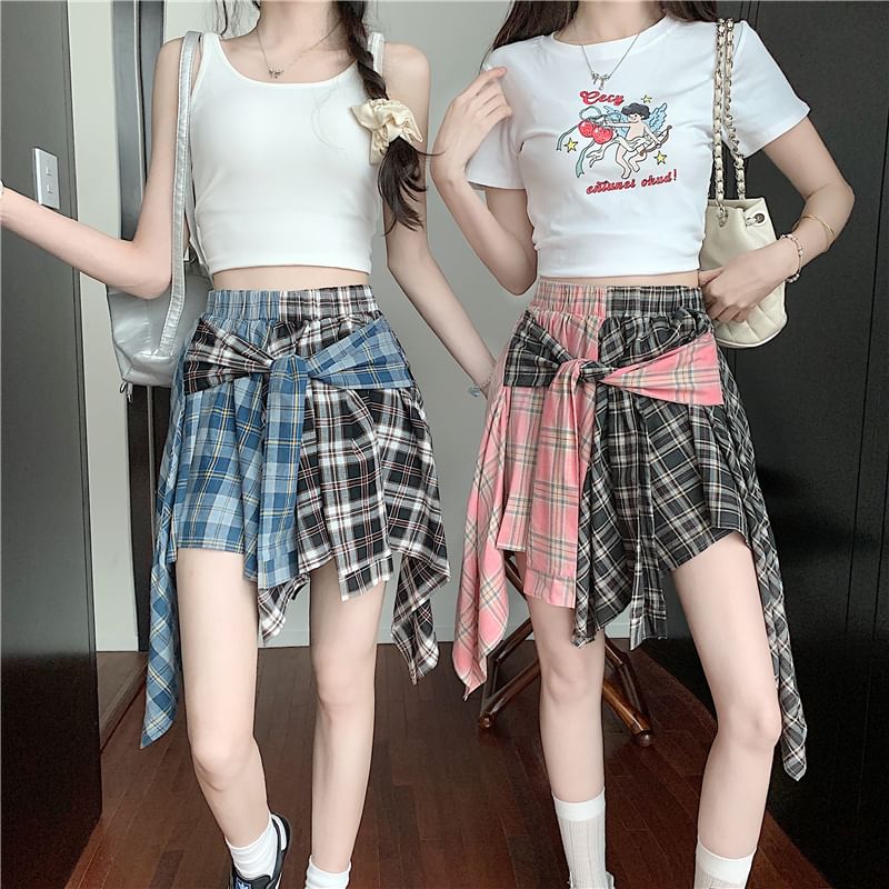 Asymmetrical Plaid Tie-Front Paneled A-Line Mini Skirt