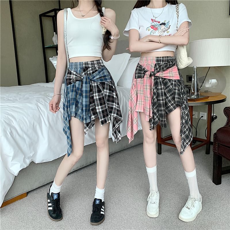 Asymmetrical Plaid Tie-Front Paneled A-Line Mini Skirt
