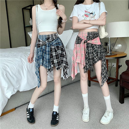 Asymmetrical Plaid Tie-Front Paneled A-Line Mini Skirt