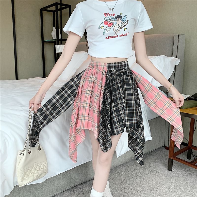 Asymmetrical Plaid Tie-Front Paneled A-Line Mini Skirt