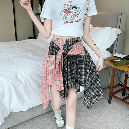 Asymmetrical Plaid Tie-Front Paneled A-Line Mini Skirt