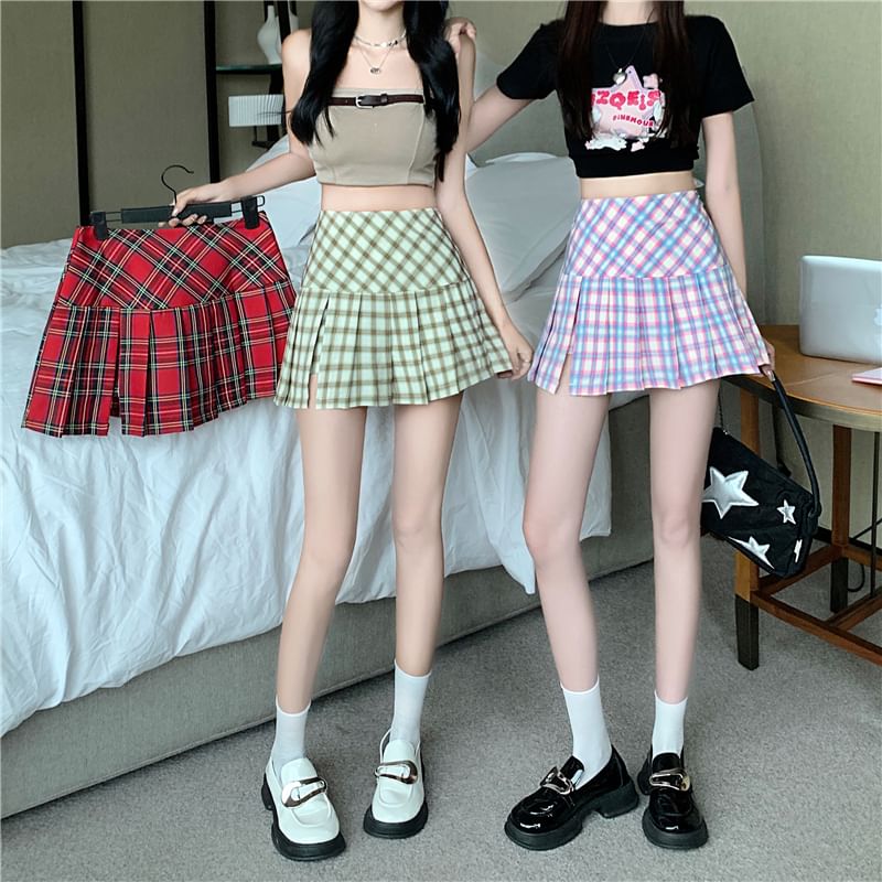 Plaid Pleated High-Waist Flared Mini Skirt