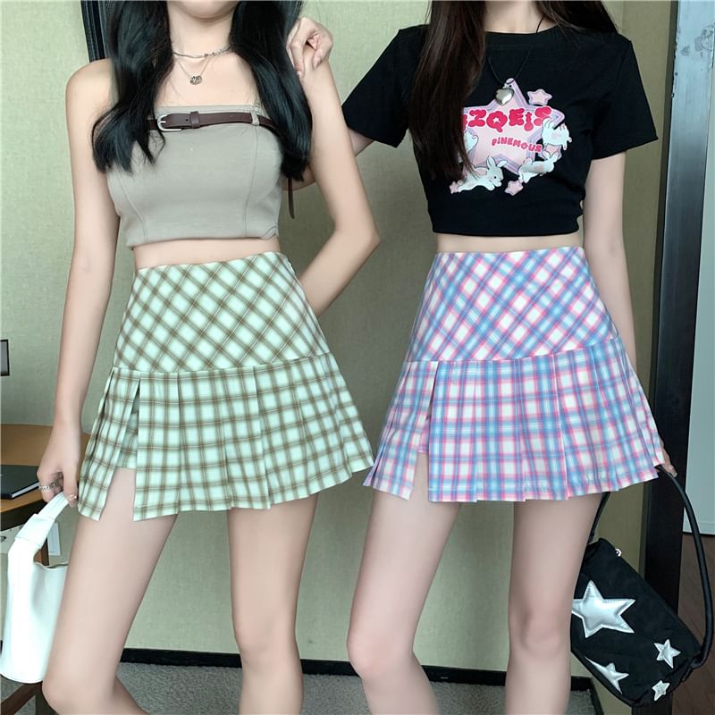 Plaid Pleated High-Waist Flared Mini Skirt