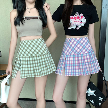 Plaid Pleated High-Waist Flared Mini Skirt
