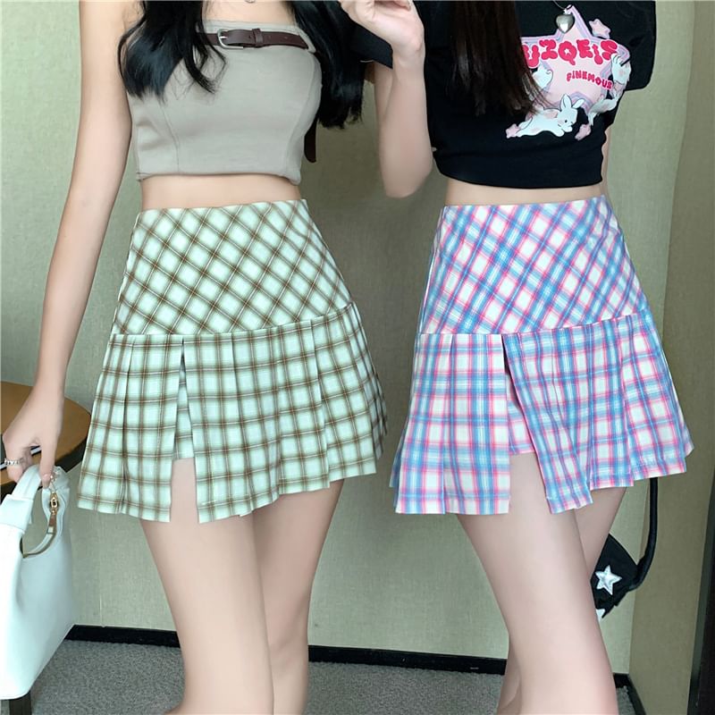Plaid Pleated High-Waist Flared Mini Skirt
