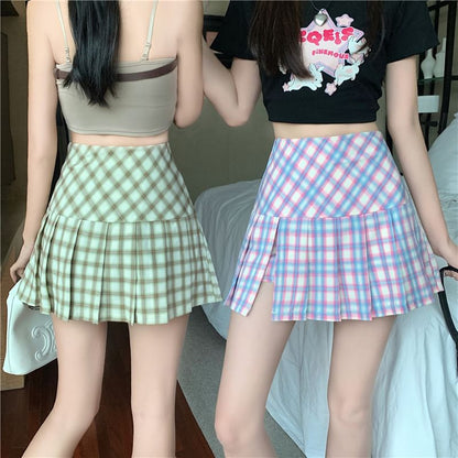 Plaid Pleated High-Waist Flared Mini Skirt