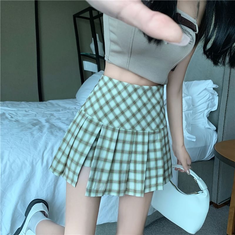 Plaid Pleated High-Waist Flared Mini Skirt