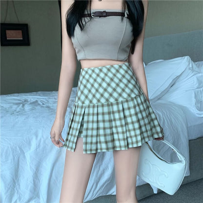 Plaid Pleated High-Waist Flared Mini Skirt