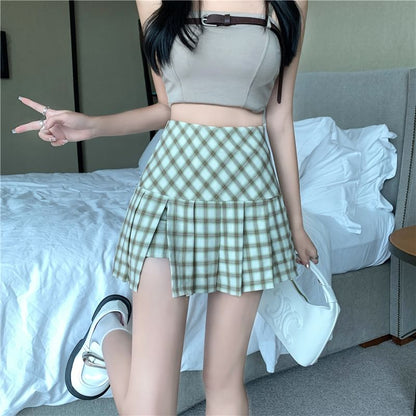 Plaid Pleated High-Waist Flared Mini Skirt