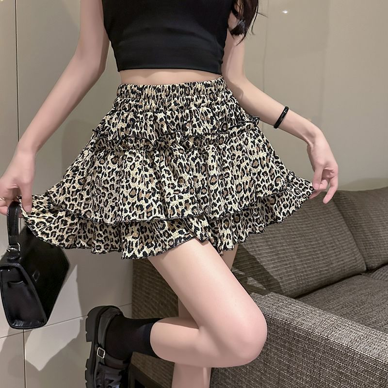 Leopard Print High-Waist Flared Mini Skirt