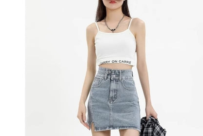 Slit Washed Denim High-Rise Pencil Skirt