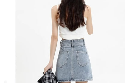 Slit Washed Denim High-Rise Pencil Skirt