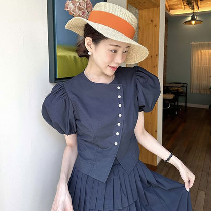 Puff-Sleeve Asymmetrical Blouse with Pleated Midi Skirt