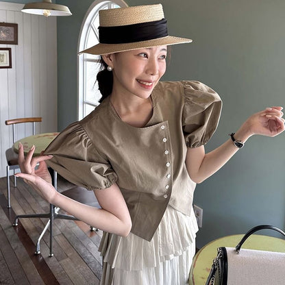 Puff-Sleeve Asymmetrical Blouse with Pleated Midi Skirt