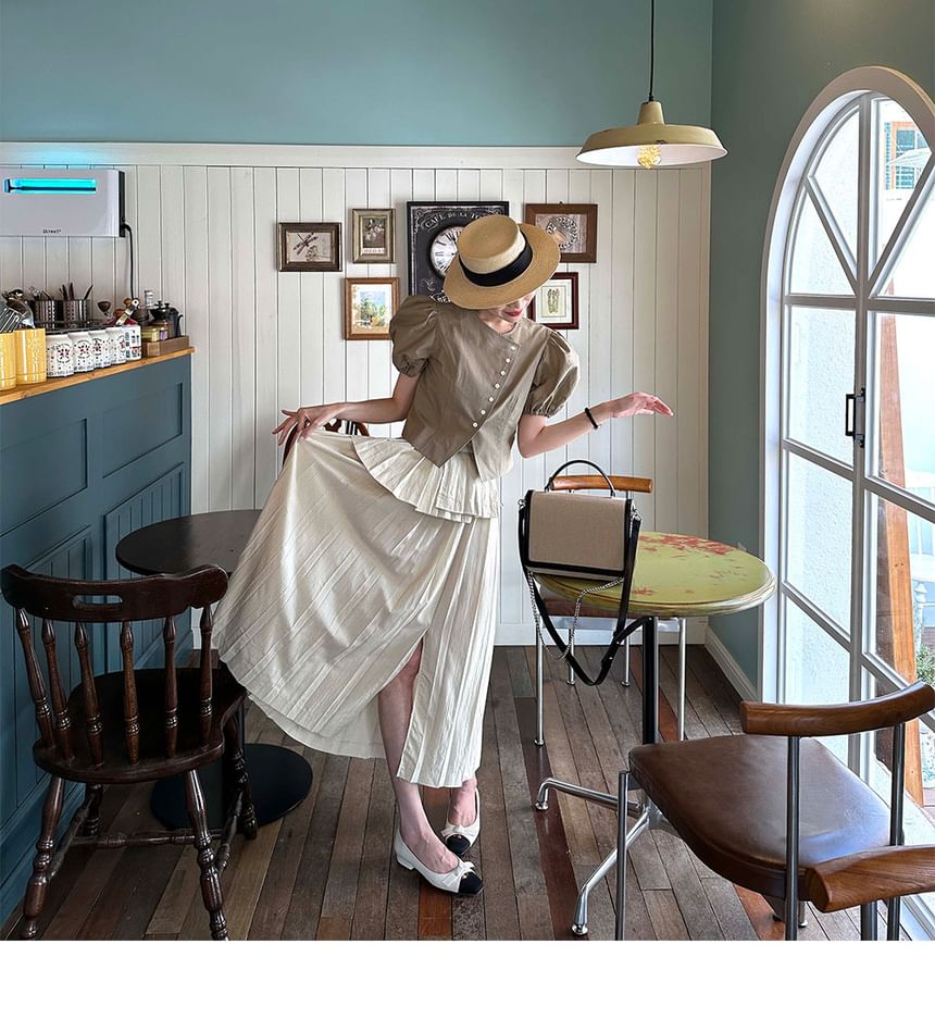 Puff-Sleeve Asymmetrical Blouse with Pleated Midi Skirt