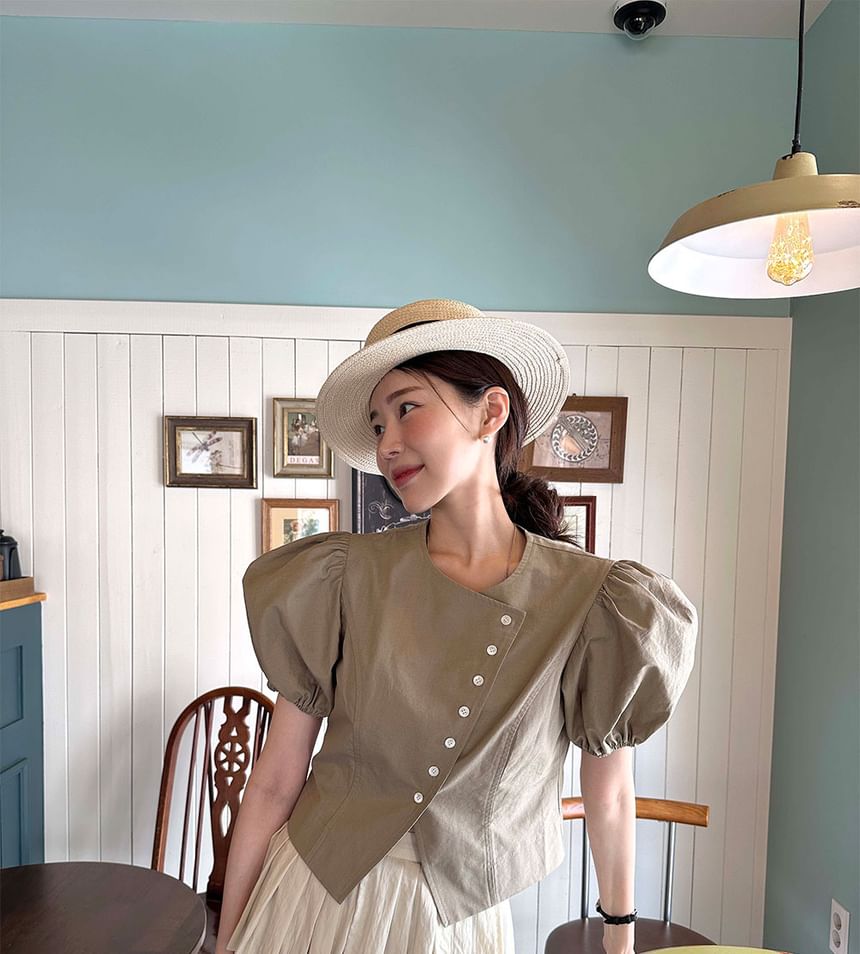 Puff-Sleeve Asymmetrical Blouse with Pleated Midi Skirt