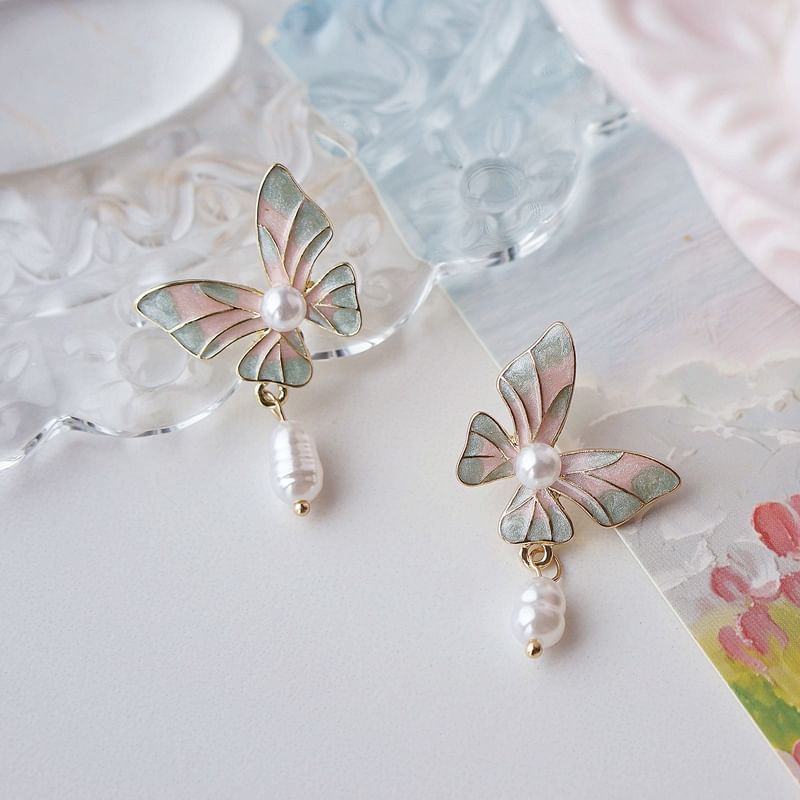 Butterfly On Pearl Faux Earring Clip Enamel / Drop