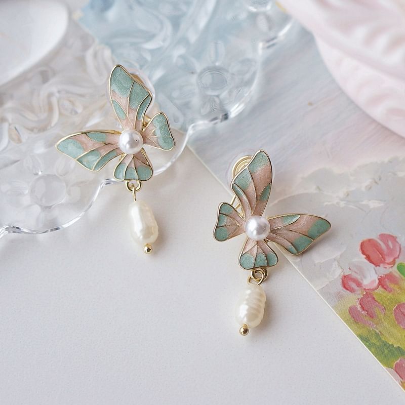 Butterfly On Pearl Faux Earring Clip Enamel / Drop