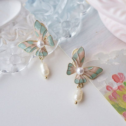 Butterfly On Pearl Faux Earring Clip Enamel / Drop