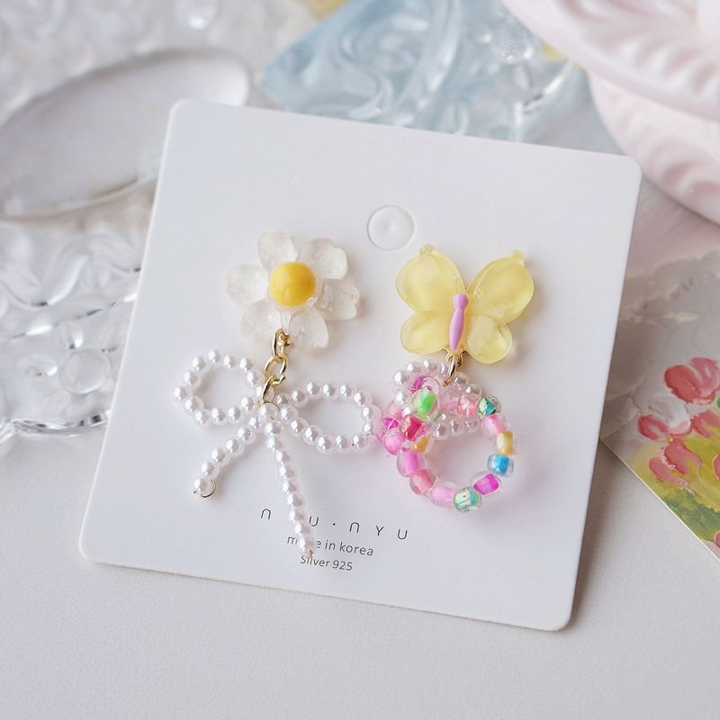 Drop Clip On / Earring Asymmetrical Flower Beaded