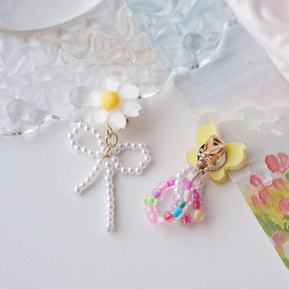 Drop Clip On / Earring Asymmetrical Flower Beaded