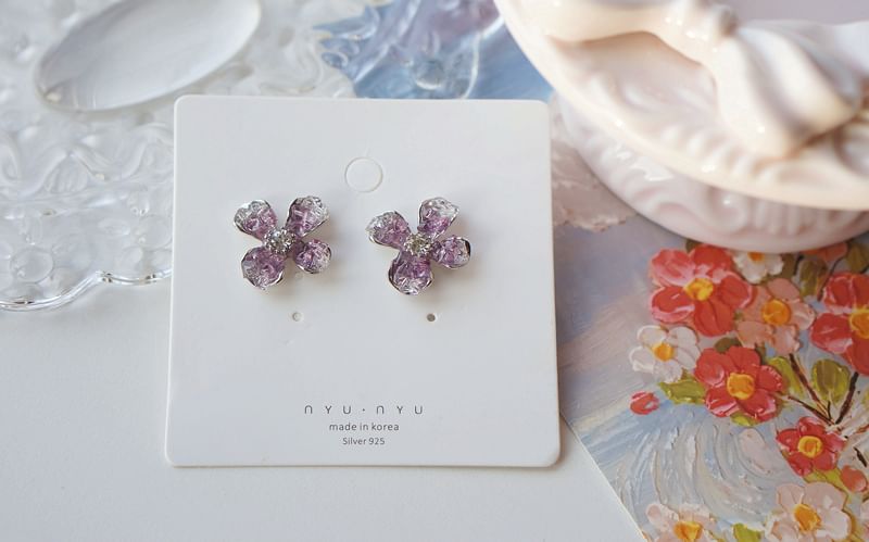 Stud Earring / Flower On Clip Rhinestone