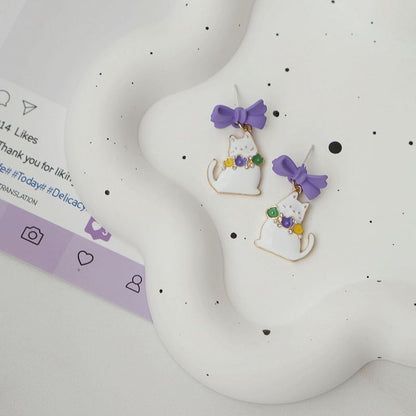 Bow Cat Drop Earring / On Clip
