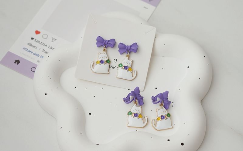 Bow Cat Drop Earring / On Clip