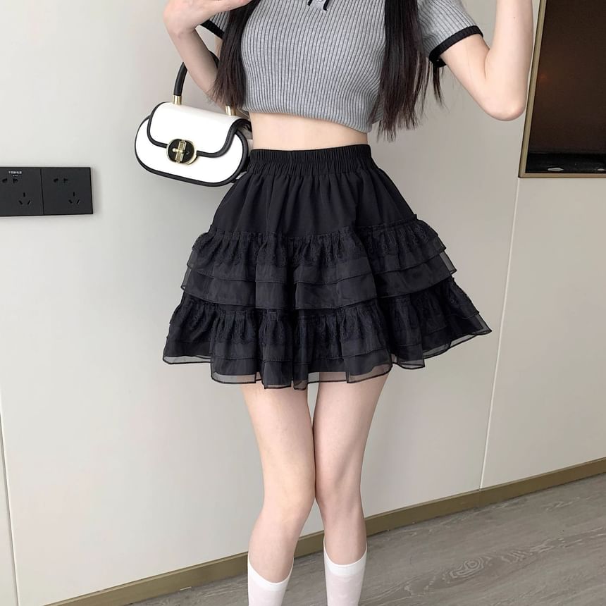 Balletcore Tiered Mesh Elastic-Waist Mini Skirt
