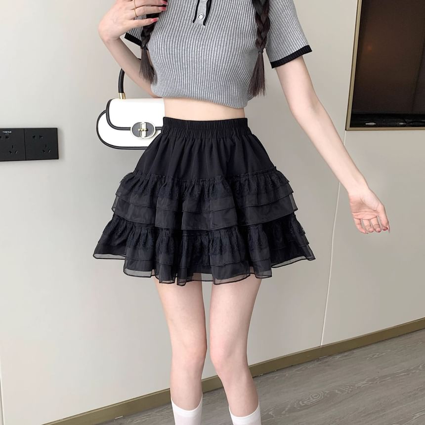Balletcore Tiered Mesh Elastic-Waist Mini Skirt