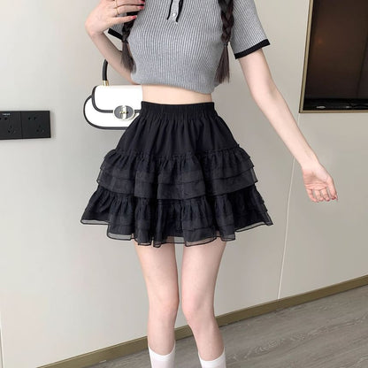 Balletcore Tiered Mesh Elastic-Waist Mini Skirt