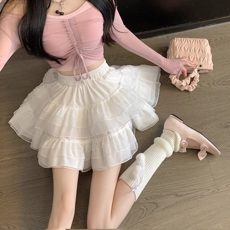 Balletcore Tiered Mesh Elastic-Waist Mini Skirt