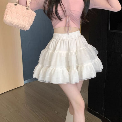 Balletcore Tiered Mesh Elastic-Waist Mini Skirt