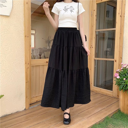Tiered Maxi Flared Skirt with Elastic Waistband