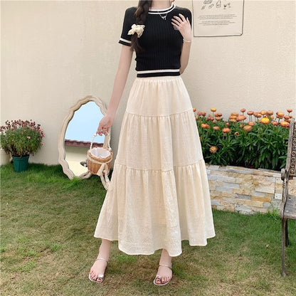 Tiered Maxi Flared Skirt with Elastic Waistband