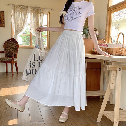 Tiered Maxi Flared Skirt with Elastic Waistband