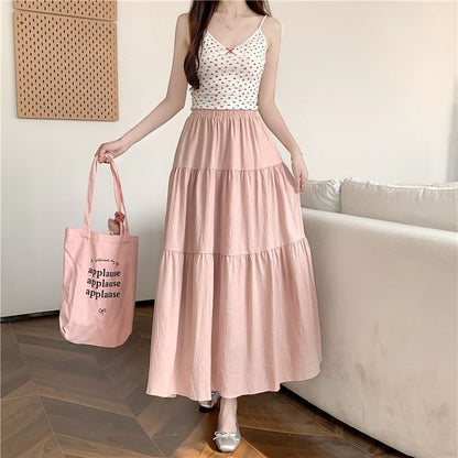 Tiered Maxi Flared Skirt with Elastic Waistband