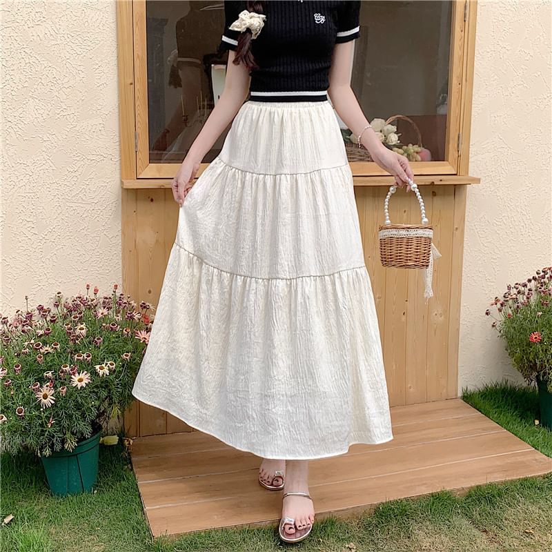 Tiered Maxi Flared Skirt with Elastic Waistband