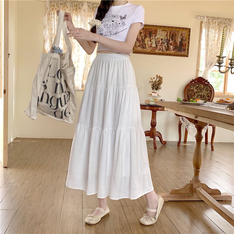 Tiered Maxi Flared Skirt with Elastic Waistband