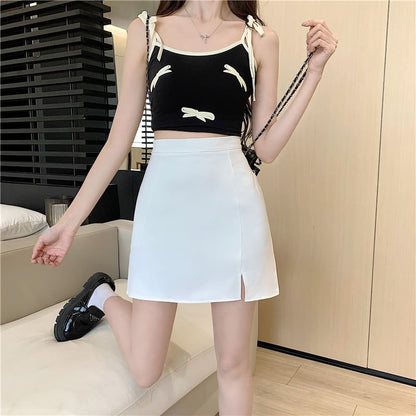 Slit High-Waist Plain Flared Mini Skirt