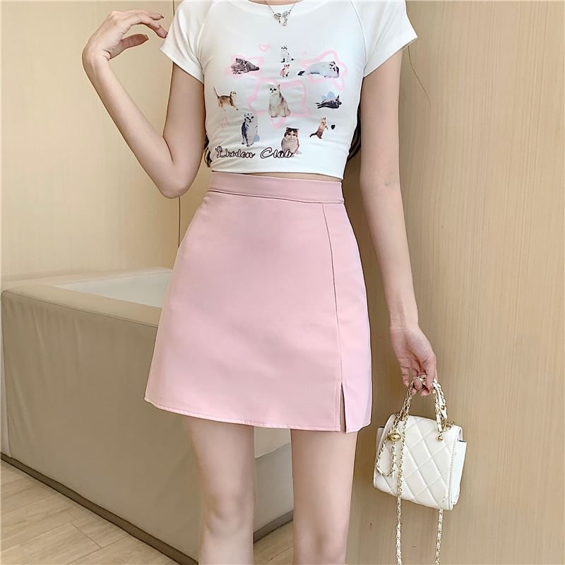 Slit High-Waist Plain Flared Mini Skirt