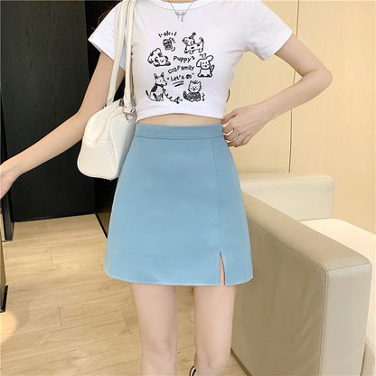 Slit High-Waist Plain Flared Mini Skirt