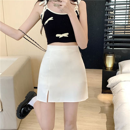 Slit High-Waist Plain Flared Mini Skirt