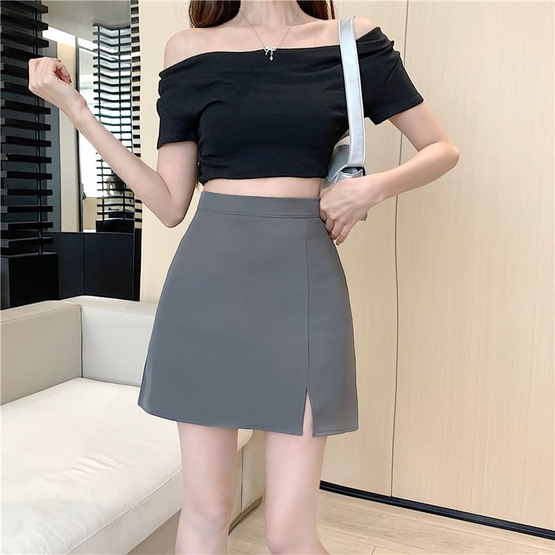 Slit High-Waist Plain Flared Mini Skirt