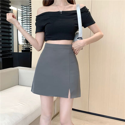 Slit High-Waist Plain Flared Mini Skirt