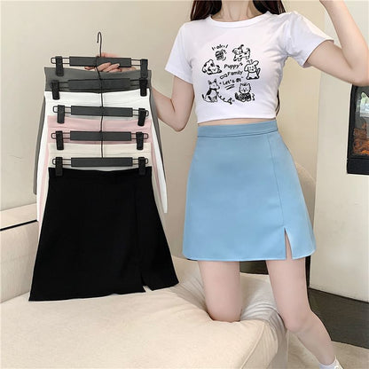 Slit High-Waist Plain Flared Mini Skirt