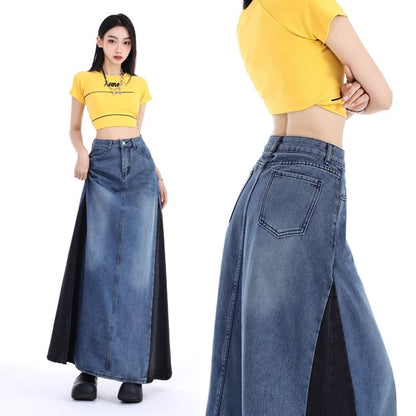 Washed Denim Panel Maxi A-Line Skirt with High Waist